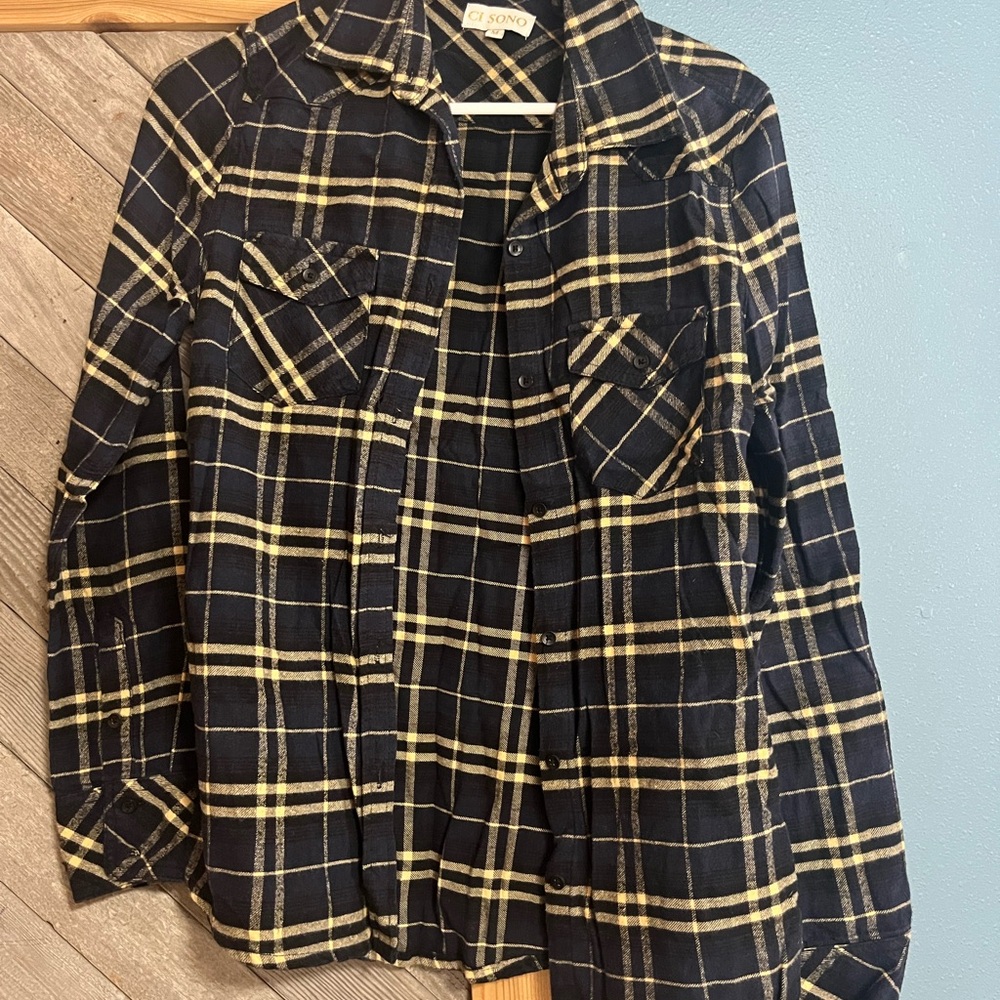 Navy and Yellow Plaid Flannel Shirt